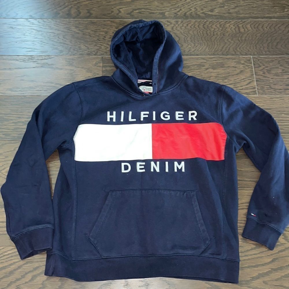 TOMMY HILFIGER Denim Long Sleeve hooded hoodie men’s thick blue Sweatshirt XL